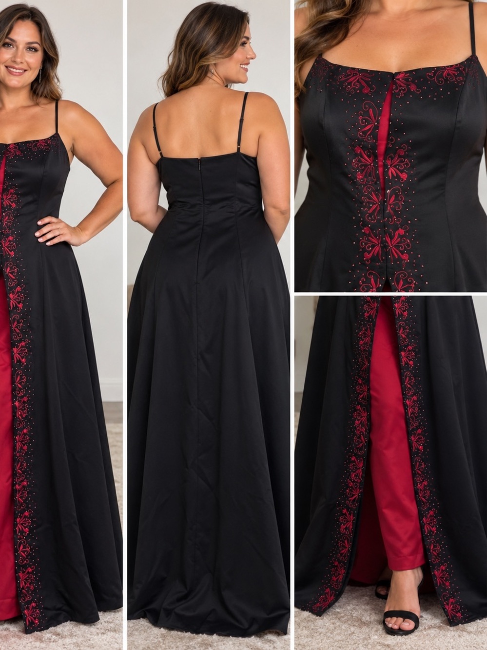 Elegant Black & Red Embroidered Evening Gown Prom Dress Size 16